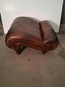 Traditional Brown Leather Ottoman with Nailhead Trim and Carved Wooden Legs, 24"x21"x16"