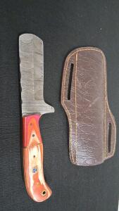 Custom Damascus Cleaver-Style Fixed-Blade Knife, Laminated Wood Handle, Leather Sheath