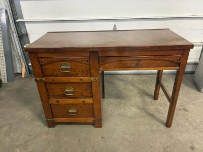 Vintage Oak Campaign Desk With Brass Hardware And Textured Faux Leather Top 44x18.5x30