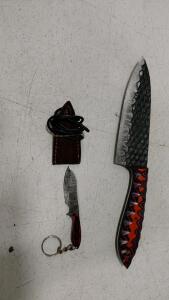 Custom Damascus-Style Chef Knife With Patterned Resin Handle, Leather Sheath, And Mini Keychain