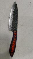 Custom Damascus-Style Chef Knife With Patterned Resin Handle, Leather Sheath, And Mini Keychain - 2