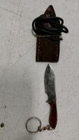 Custom Damascus-Style Chef Knife With Patterned Resin Handle, Leather Sheath, And Mini Keychain - 3