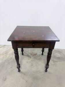 Traditional Wooden Side Table With Drawer, Turned Legs, Dark Stain, Vintage Style, 22"x18"x28"