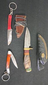 Handmade Damascus Knives Set: Fixed Blades, Folding Pocket, Wood Handles, Leather Sheaths