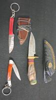 Handmade Damascus Knives Set: Fixed Blades, Folding Pocket, Wood Handles, Leather Sheaths