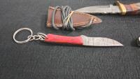 Handmade Damascus Knives Set: Fixed Blades, Folding Pocket, Wood Handles, Leather Sheaths - 2