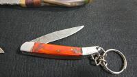 Handmade Damascus Knives Set: Fixed Blades, Folding Pocket, Wood Handles, Leather Sheaths - 3