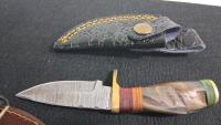 Handmade Damascus Knives Set: Fixed Blades, Folding Pocket, Wood Handles, Leather Sheaths - 4