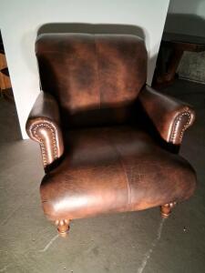 Classic Brown Leather Club Chair, Rolled Arms, Nailhead Trim, Turned Wooden Legs, 33" Wide