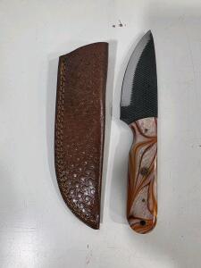 Custom Fixed Blade Knife With Resin Handle, Mosaic Pin, Drop Point Blade, Leather Sheath, 8.25"