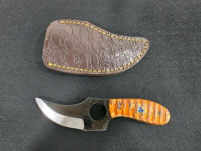 Custom Skinner Knife &ndash; Sculpted Wood Handle, Mosaic Pin, Handmade Leather Sheath, 2.25" Blade