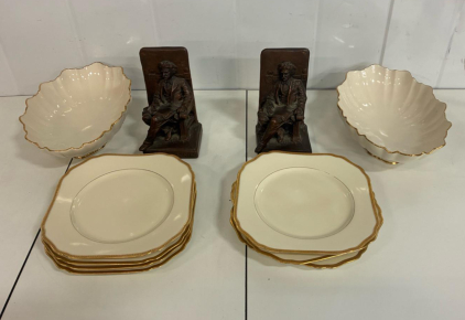 Elegant Gold Trimmed Porcelain Dinnerware Set, 8 Plates & 2 Bowls, Scalloped Edge, Vintage, Mark Twain Book Ends