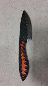 Custom Full Tang Fixed-Blade Knife, Hammered Pattern Blade, Unique Orange-Blue Wood Handle, 10"