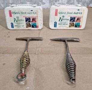 (2) Vintage NORCO Metal Box First Aid Kits & (2) Welder's Chipping Hammers