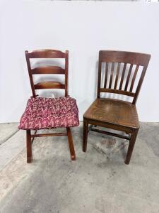 Vintage Wooden Dining Chairs: 1 Ladder-Back With Cushion & 1 Slat-Back, Solid Hardwood Pair