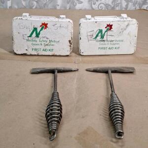 (2) Vintage NORCO Metal Box First Aid Kits & (2) Welder's Chipping Hammers
