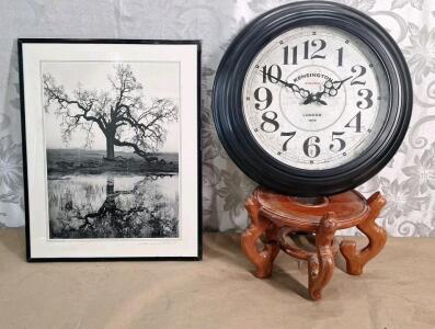 (1) Edward Holland "Lonely Tree" Black & White Wall Art Print 16" x 20, (1) 16" Retro Wall Clock & (1) Wooden Plant / Vase Stand, 9" Diameter x 7.5"T