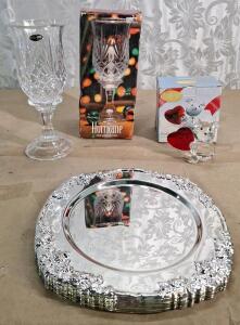(1) St George Lead Crystal Hurricane Lamp 11-3/4"Tl X 4 1/4"W, (1) Classic Treasures Collectable Lead-Free 4" Crystal Bear W/ Ruby Red Heart & (12) 11" Silver Plated Charger Plate