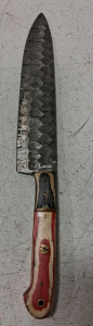 Handcrafted 8.5" Damascus Chef's Knife, Red Wood Handle, Custom Brass Rivets, 13.5" Overall