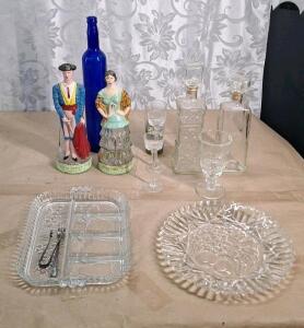 (2) Decorative Vintage 1966 Bodegas Hernesto Spanish Pinot Chardonnay Liquor Bottle Characters , Bullfighting Man & Woman & Assorted Decorative Glassware