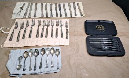 (32) Assorted Pieces Of Vintage Silver Plate Flatware & (1) Set Of (6) Stainless Steel Steak Knives