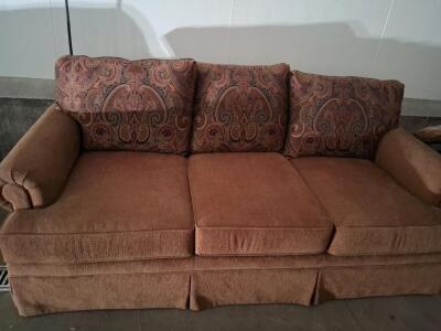 Three-seat Traditional Rolled Arm Sofa, Rust/Brown Upholstery, Skirted Base, Removable Cushions
