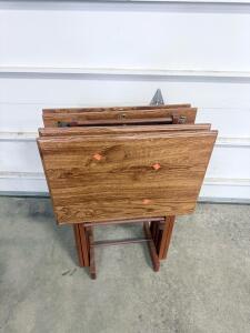 Set Of 4 Folding Wood TV Trays With Stand, Medium Brown, 19"x15", Wood Veneer