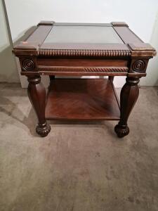 Traditional Wood & Glass End Table with Lower Shelf and Carved Legs, Dark Finish