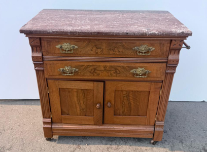 Antique Victorian Marble-Top Washstand With Brass Hardware And Towel Bar