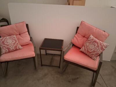 3-Piece Patio Furniture Set - 2 Metal Chairs with Pink Cushions & Glass-Top Side Table