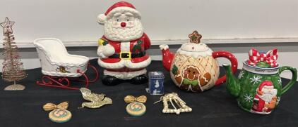 Christmas Decor: Santa Cookie Jar, Gingerbread & Santa Teapots, Sleigh, Ornaments