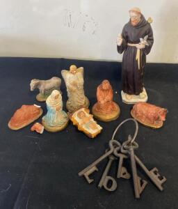 Hand-Painted Nativity Figurine Set with St. Francis & 'LOVE' Cast Iron Skeleton Keys