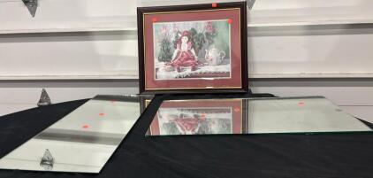 Two 48x12" Frameless Rectangular Wall Mirrors With Brackets, 24x28" Framed Art Print Set