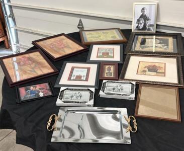 12 Decorative Picture Frames With Vintage Prints & Ornate Metal Serving Tray 18"x10"