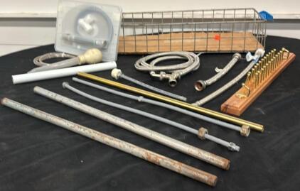 Assorted Plumbing Supplies &ndash; Brass Manifold, Galvanized Pipes, Fittings, Basket Rack