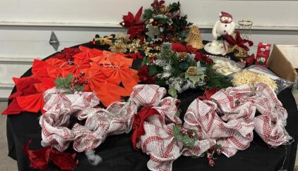 Assorted Christmas Decorations: Wreaths, Bows, Garlands, And Snowman Figure