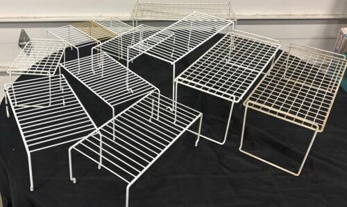 Set Of 9 White Metal Wire Shelf Risers, Stackable, Various Sizes