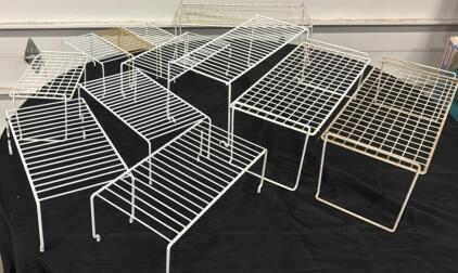 Set Of 9 White Metal Wire Shelf Risers, Stackable, Various Sizes