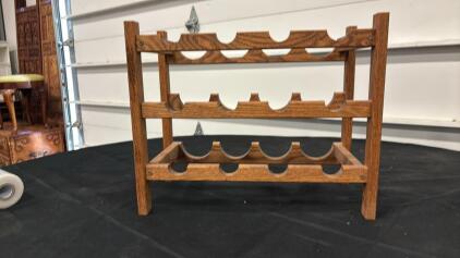 Wood 9-Bottle Tabletop Wine Rack, Three-Tier, Medium Brown Finish, Freestanding