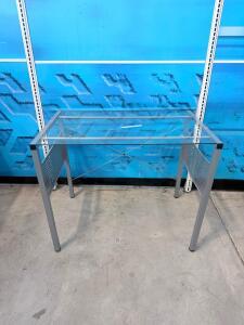 Modern Glass-Top Office Desk, Steel Frame, 41"x27", Matte Grey Finish, Minimalist Design