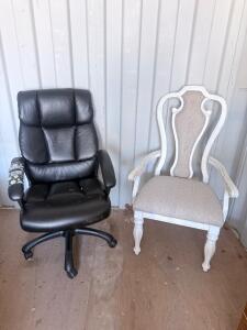 Traditional Queen Anne Style White Wood Armchair with Beige Upholstery, Ornate Back, 42" Tall