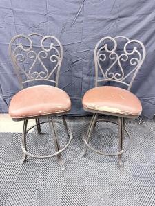 Pair of Metal Swivel Barstools with Decorative Scroll Back and Padded Seats
