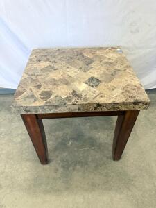 Square Faux Marble Top Side Table, Wood Legs, Modern Design, 22"x22"x24", Brown Finish