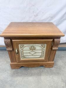 Vintage Wooden Side Table with Stained Glass Door and Carved Details