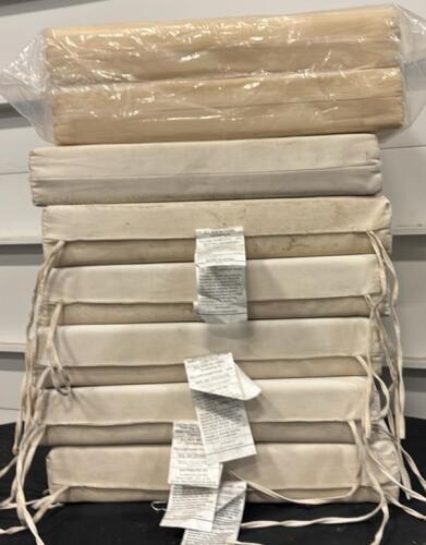 9 Rectangular Ivory Cotton Canvas Chair/Bench Cushions, 19"x18"x2.5", Ties, Mixed Condition