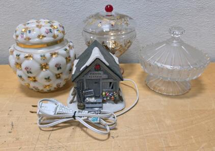 Vintage Milk Glass & Glass Lidded Candy Dishes, Illuminated Fishing Rentals Village House
