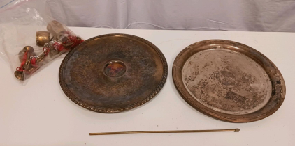 Vintage Two-Tier Silver-Plated Serving Tray Set with Brass Napkin Rings