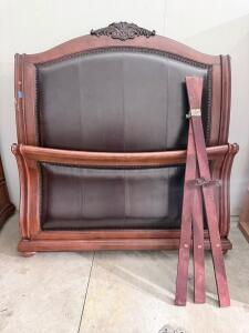 Traditional Queen-Size Wood and Leather Bed Frame with Ornate Design