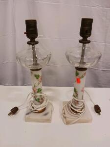Pair Vintage Floral Ceramic & Marble Table Lamps, Glass Body, 14in Tall, E26 Socket