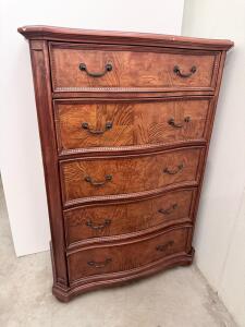 Traditional Solid Wood 5-Drawer Dresser, Curved Front, Ornate Metal Handles, 42"x20"x54"